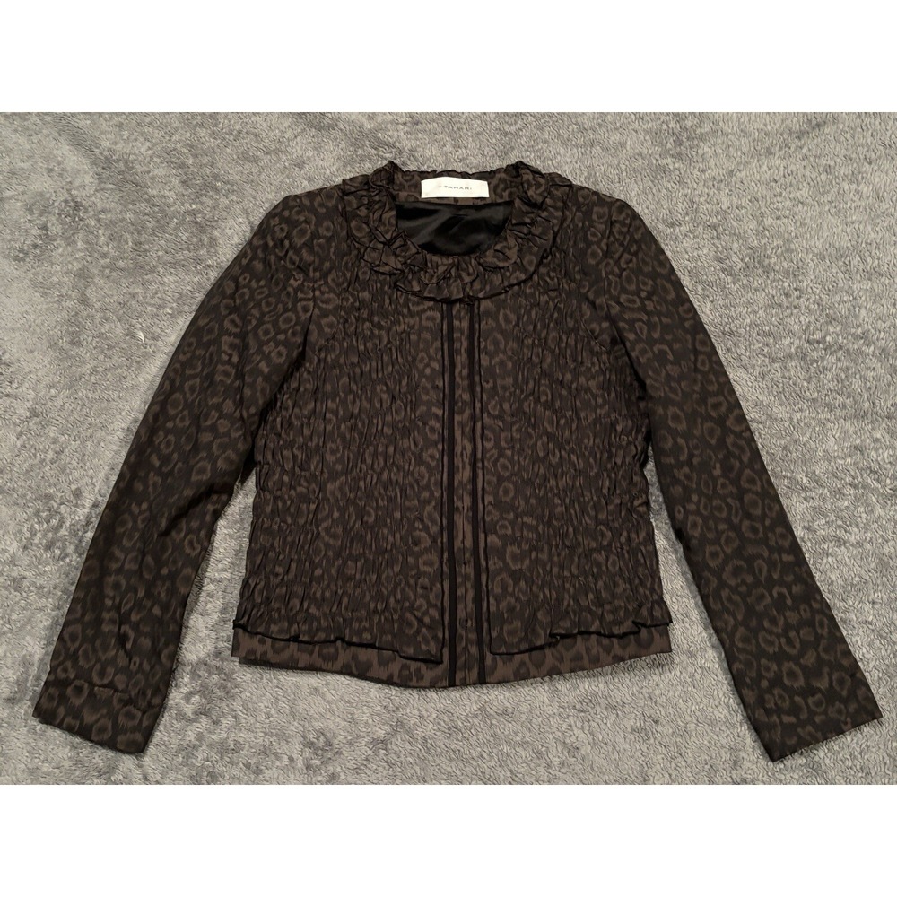 Tahari Jacket Womens 8 Leopard Print Clasp Front Blazer Animal Print Ruffle Neck